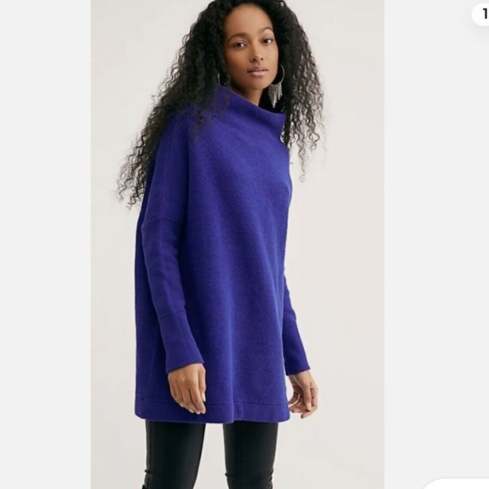 Free People Ottoman Slouchy Ribbed Mock Neck Sweater Tunic Blue Women’s Medium